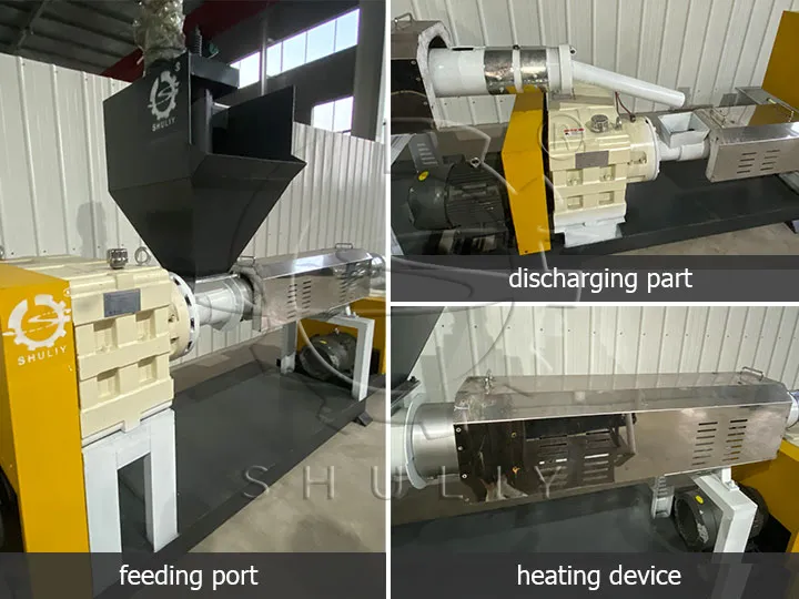Pièces de machine de fabrication de granulés de plastique : port d'alimentation, pièce de décharge, dispositif de chauffage