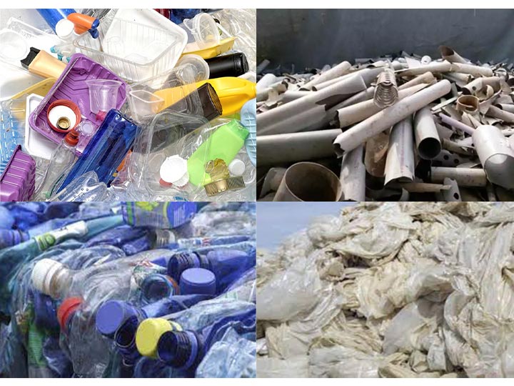 Various types of waste plastics, including plastic bottles, plastic containers, plastic film, and plastic pipes.